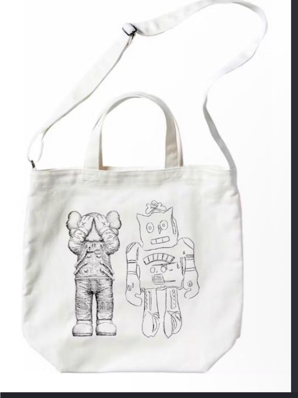 Uniqlo Cream Canvas Tote with Black Line-Art Robot & Character